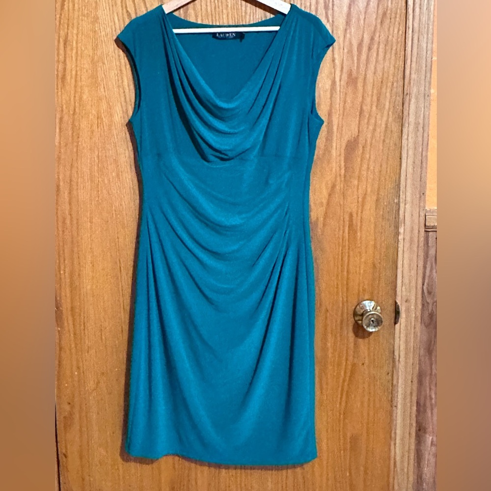 Lauren Ralph Lauren Cap Sleeve‎ Ruched Fully Lined Dress green Sz 14
